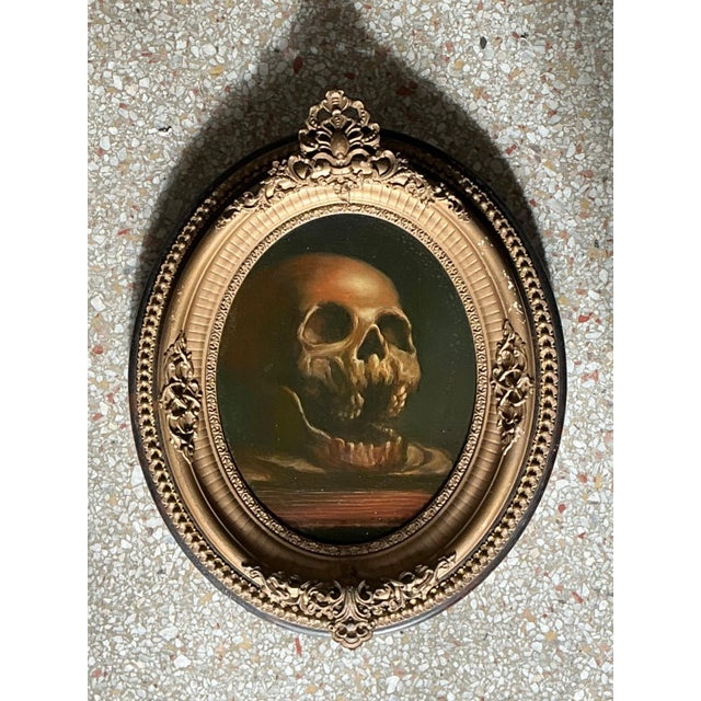 Vintage Skull Oil Painting in Ornate Frame For Sale - Image 4 of 12