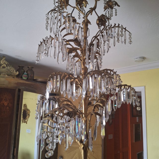 Glass 19thc Austrian Art Nouveau Gilt Bronze With Cut Crystal Palm Chandelier an Original by Josef Hoffmann For Sale - Image 7 of 12