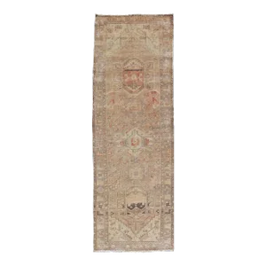 Vintage Persian Heriz by Keivan Woven Arts Distressed Runner in Earthy Tones With Medallion Design