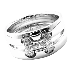 Hermes 18k White Gold Diamond H Double Band Flex Band Ring, size 6.75