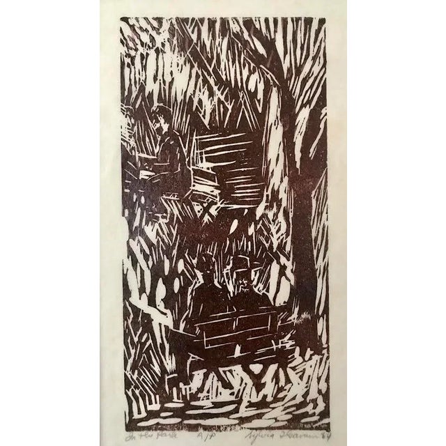 Mid-Century Modern Vintage Expressionist Wood Block Print in the Park by Sylvia T. Gavurin 1964 Artists Proof For Sale - Image 3 of 6
