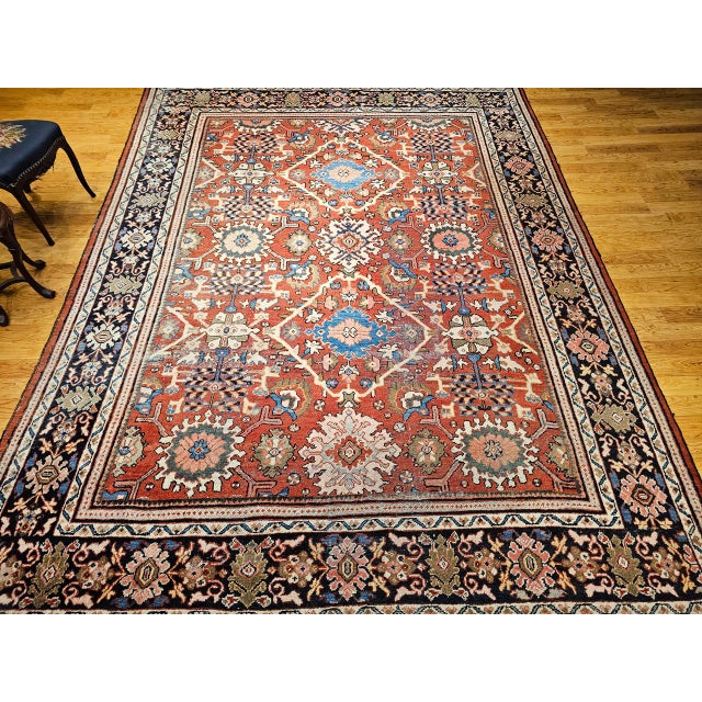 Antique Persian Mahal Sultanabad Rug, Hand-Knotted Wool, Geometric Pattern, 9x12, Red & Navy For Sale - Image 9 of 18