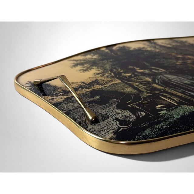 Metal Italian Decorative Tray With Brass Handles and Pastoral Scene For Sale - Image 7 of 18