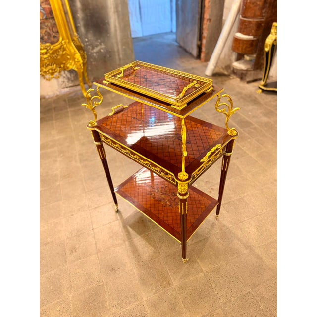 1940s 1940s French Louis XVI Style Mahogany & Gilt Bronze Two-Tier Serving Table With Tray For Sale - Image 5 of 8