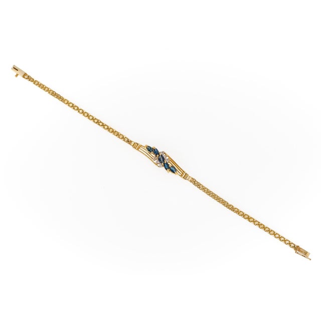 Modern 14k Yellow Gold Marquise Sapphire & Diamond Openwork Bracelet Vintage For Sale - Image 3 of 10