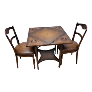 Vintage Theodore Alexander Mahogany Leather Tiered Handkerchief Game Table With 2 Chairs