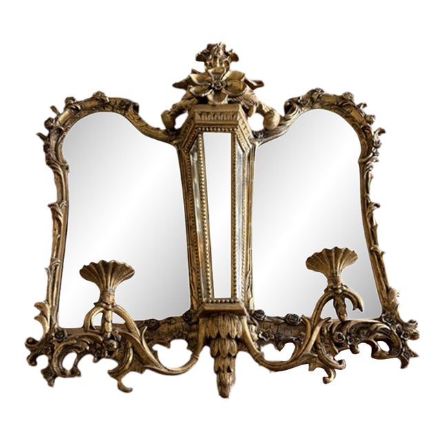 Vintage Rococo Style Gilt Triptych Girandole Mirror With Candle Sconces For Sale