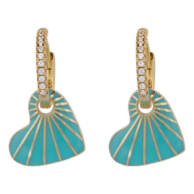 Blue Enamel Heart Diamond Hoop Gold Earrings, A Pair For Sale
