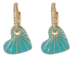 Blue Enamel Heart Diamond Hoop Gold Earrings, A Pair