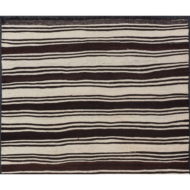Measures: 5'4 x 9'0 Vintage Turkish Kilim Rug with Ivory Ground and Deep Brown Stripes. Keivan Woven Arts / rug/TU-...