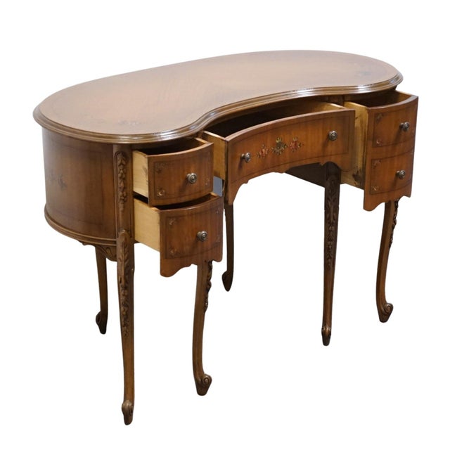 Wood Vintage Antique Solid Walnut Louis XV French Provincial 42" Kidney Vanity Table W. Hand Painted Floral Accents For Sale - Image 7 of 13