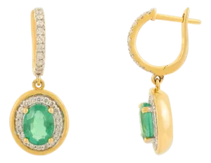 14k Solid Gold Oval Cut Emerald Earrings With Diamond Accents- A Pair