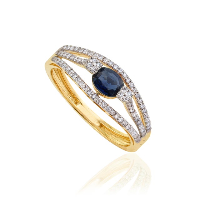 14k Yellow Gold Blue Sapphire & Diamond Split Shank Modern Ring Size 4 For Sale - Image 4 of 16