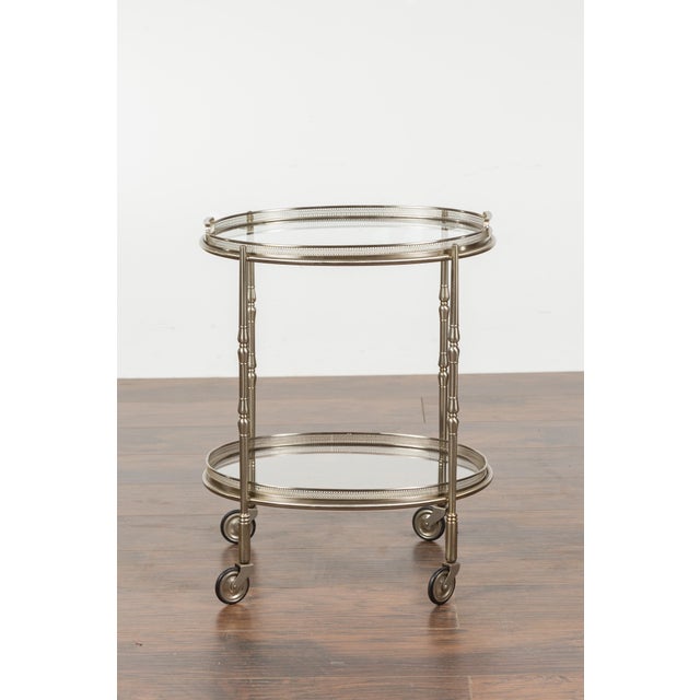 Silver Italian Oval Midcentury Steel Trolley with Pierced Gallery and Mirrored Shelves For Sale - Image 8 of 12