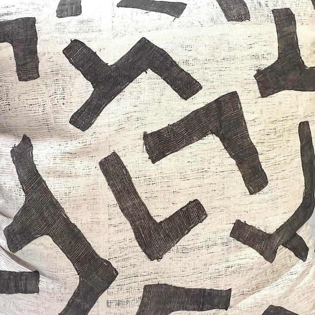 Abstract Kuba Cloth Ecru Figures Pattern Pillows by St George - Down Fill - Pair For Sale - Image 3 of 9