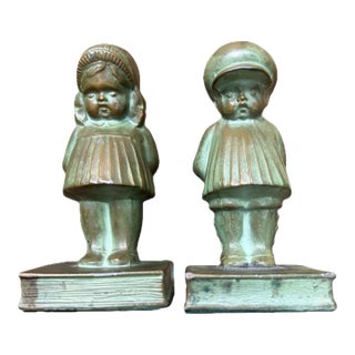 Antique Bronze-Clad Boy & Girl Figural Bookends, Verdigris Patina, C. 1920s, Sold as a Pair For Sale