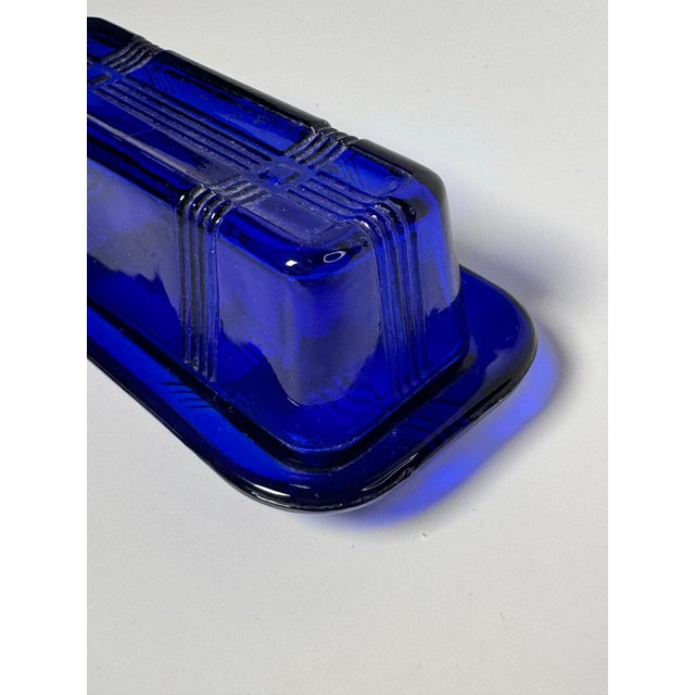 1940s Vintage Art Deco Style Cobalt Blue Glass Depression Glass Butter Dish For Sale - Image 5 of 10