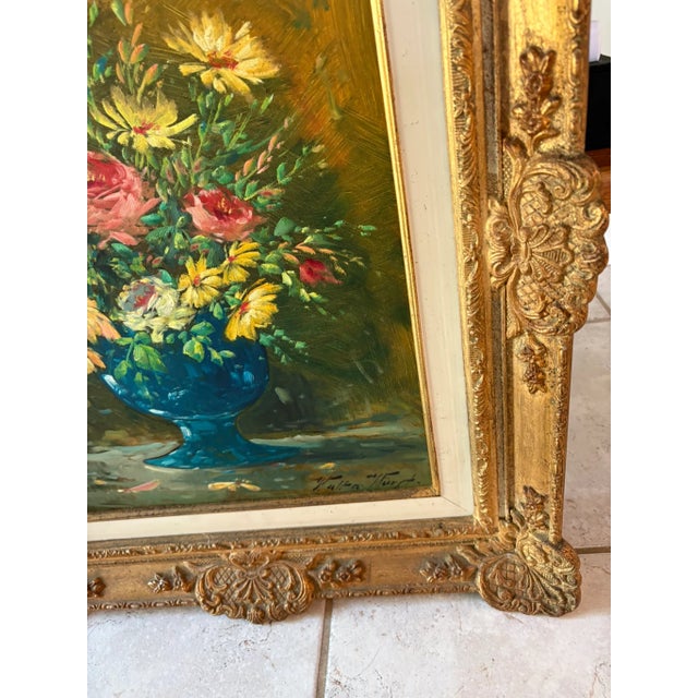 Wood Vintage Floral Still Life Oil Painting in Rocco Baroque Gold Frame Signed For Sale - Image 7 of 9