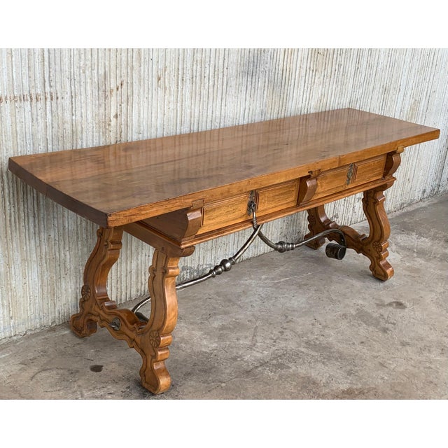 Late 19th Century Spanish Bench or Low Console Table with Drawers, Lyre Legs and Iron Stretcher For Sale - Image 18 of 18