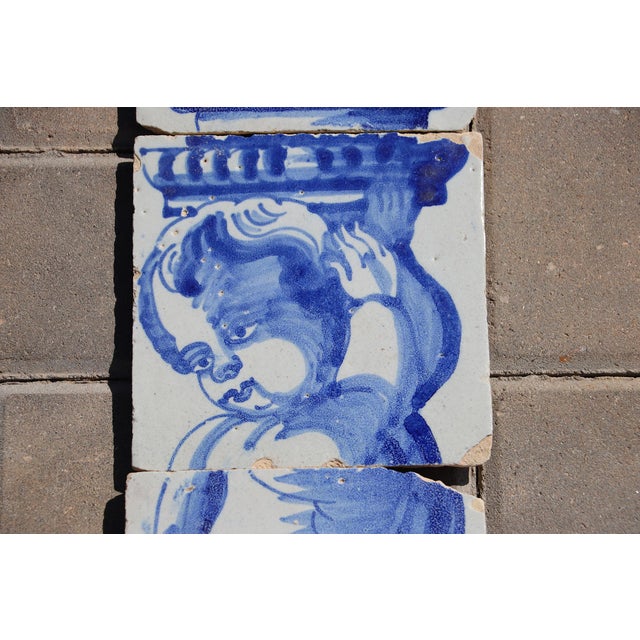 Baroque Antique 18th Century Set of Four Tiles Depicting a Cherub Holding a Baroque Torchiere For Sale - Image 3 of 6