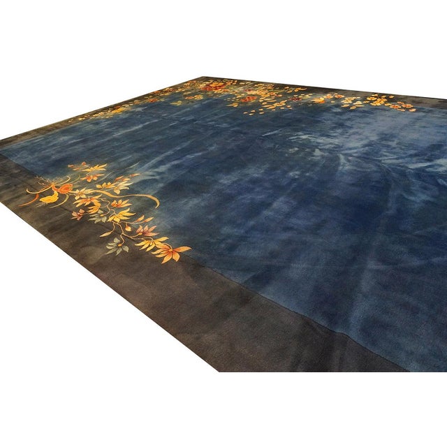 1930s Royal Blue Solid Floral Modernist Antique Chinese Art Deco Gallery Rug For Sale - Image 4 of 12