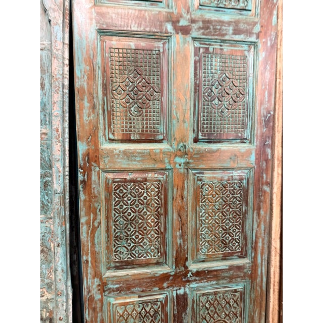 Mid-Century Modern Antique Blue Carved Reclaimed Wood Barn Door – Vintage Architectural Accent 96x36 For Sale - Image 3 of 10