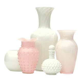 Mid 20th Century Mixed Pink and White Glass Vessel Curation Ft. Fenton - Group of 5 For Sale