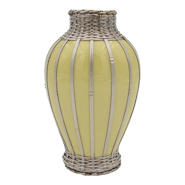 Vintage Meiji Japanese Art Pottery Vase With Silver Basketweave Wire Overlay For Sale