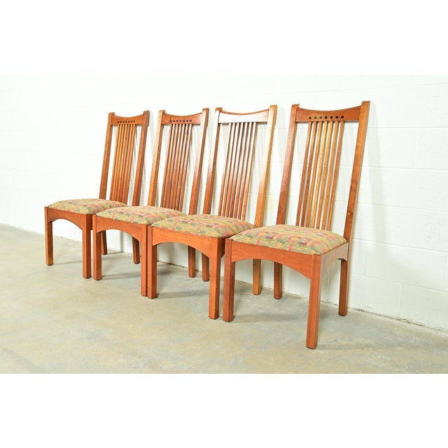 L. & J.G. Stickley, Inc. Stickley Arts & Crafts Cherry Wood High Back Spindle Dining Chairs, Set of Four For Sale - Image 4 of 13