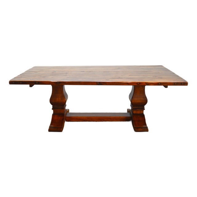 Ralph Lauren Distressed Pine Farmhouse Trestle Dining Table For Sale