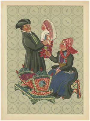 Gratiane de Gardilanne and Elizabeth Whitney Moffatt, Hindeloopen Family with Painted Cradle, 1932, Paper