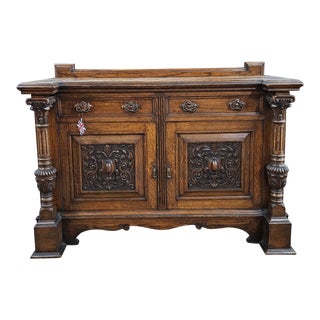 Oak Art Nouveau Carved Sideboard With Column Supports For Sale