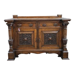 Oak Art Nouveau Carved Sideboard With Column Supports