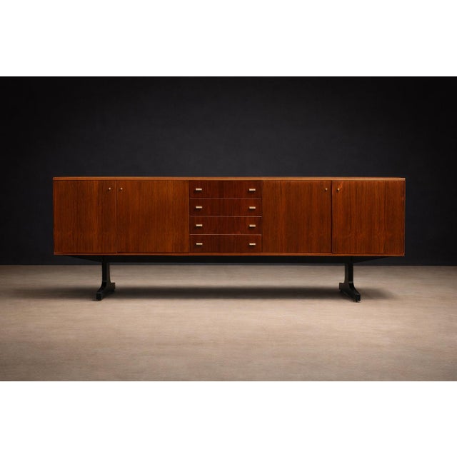 Cimo Brazilian Rosewood Credenza with Ebony-Finished Legs and Brass Hardware, Brazil, 1960s — Architectural Storage with Eight Compartments - Lot 319 For Sale - Image 16 of 17