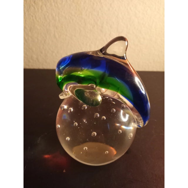 Glass 1980s Blue & Green Art Glass Dolphin on Clear Bullicante Paperweight For Sale - Image 7 of 7