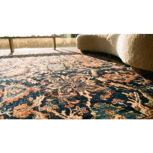 Textile 1890s Blue Navyy Floral Antique Persian Malayer Rug 12'4" X 14'8" Handknotted Wool Carpet For Sale - Image 7 of 9