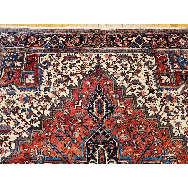 1900 - 1909 Vintage Persian Heriz Rug, Hand-Knotted Wool, Geometric Medallion Pattern, Brick-Red & Navy, 8x11 For Sale - Image 5 of 12