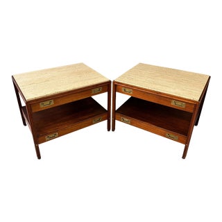1970s Pair of Walnut and Travertine Nightstands With Brass Accents and Rosewood Trim For Sale