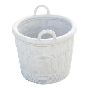 Large Pale Gray Cement Planter in the Shape of a Double Handled Wicker Gathering Basket