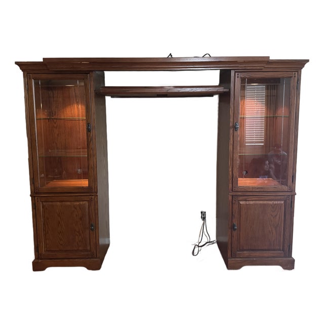 Vintage 1994–95 Solid Oak Modular Entertainment Center | Savanna Finish | Lighted Display Cabinets-Adjustable For Sale