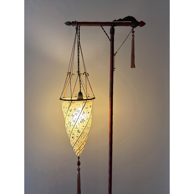 Floor lamp with weighted base with silk velvet skirt, inline push button on/off switch in black. Shade fabricated with...