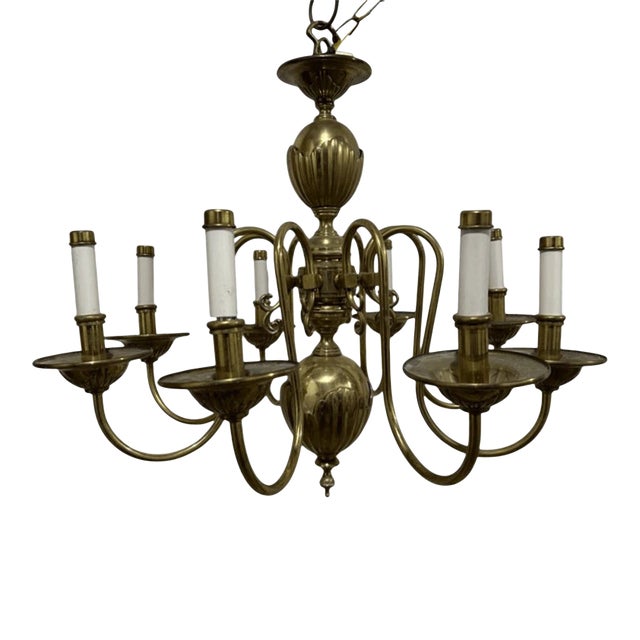 Vintage Traditional Dutch Colonial Style Solid Brass 8 Arm Chandelier For Sale
