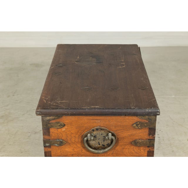 Antique Wood Trunk with Ornamental Metalwork and Brass Hardware For Sale - Image 4 of 12