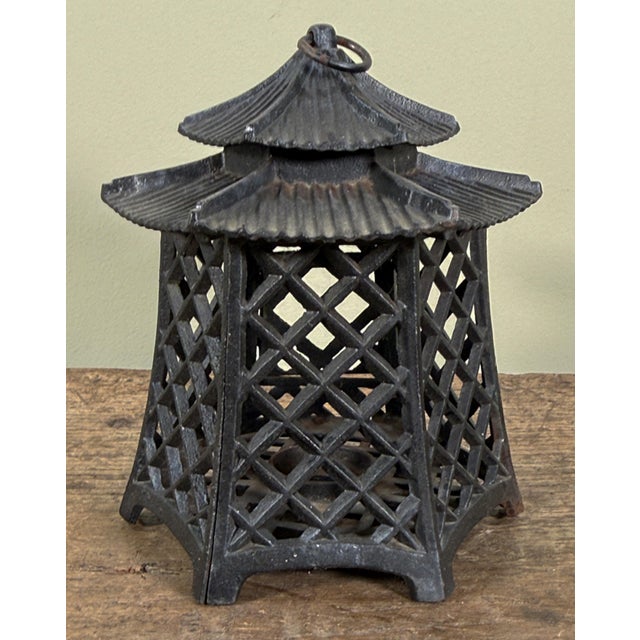 Vintage Japanese Cast Iron Pagoda Lantern With Lattice Work For Sale - Image 4 of 6