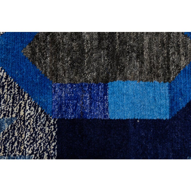 Purple Modern Abstract Baluch Style Blue Wool Area Rug – Geometric Tribal Design 6x8 For Sale - Image 8 of 11