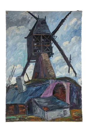Impressionist Painting of Windmill Above Town