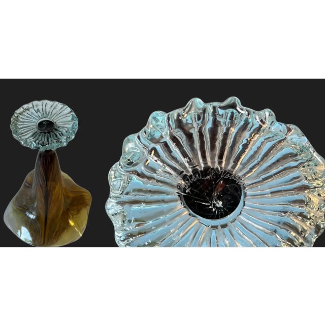 Signed Art Glass Amber Pulled Feather Pattern Trumpet Vase For Sale - Image 10 of 10