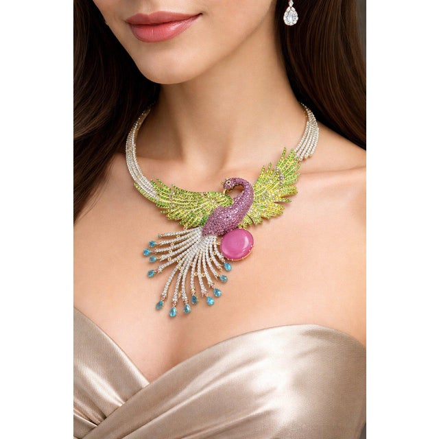 Gemstone Bochic “Capri” Vintage Ruby, Sapphire & Garant Peacock Necklace Set In 18K & Sil For Sale - Image 7 of 8