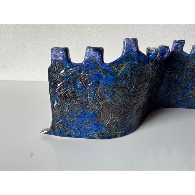 1990’s Vintage Handmade Blue Glazed Studio Pottery Ceramic Sculptural Menorah For Sale - Image 9 of 12