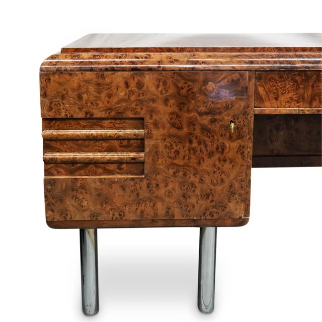 1930s Large Art Deco Desk Amboyna Writing Desk Chrome Legs For Sale - Image 11 of 15